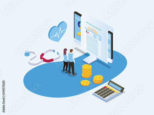 Health budget vecto concept. Couple looking at online health budget document on computer screen with calculator and coins