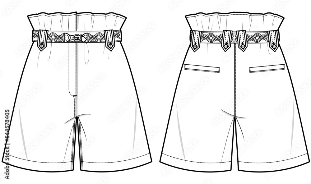Paperbag Waist Short Front and Back View. Fashion Illustration, Vector