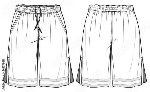 Basketball Short Front and Back View. Fashion Illustration, Vector, CAD, Technical Drawing, Flat Drawing, Template, Mockup.	
