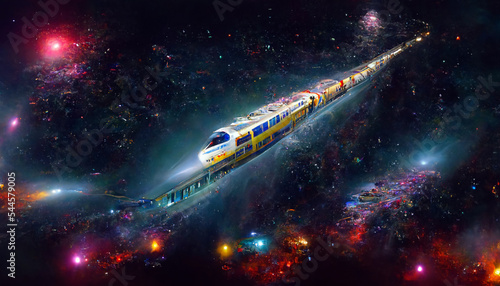 Futuristic train traveling through the cosmos