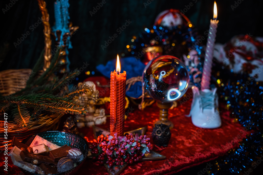 Naklejka premium Concept of Christmas atmosphere, divination, fate predictions, magical ball and other magic. Illustration of magical Holidays aesthetic