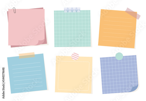 Bundle of pastel cute colorful paper note. Blank sticky note for message. Piece of different colored memo note template for reminder, announcement, advertising, information. Flat vector illustration.