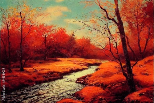 Vintage painting depicting an autumn colored trees and creek in nature. Traditional landscape painting.