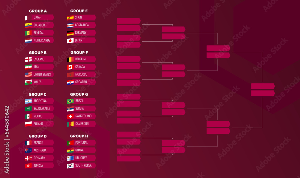 World Football Championship 2022. Table of national teams by groups.  Tournament bracket template. Vector illustration Stock Vector