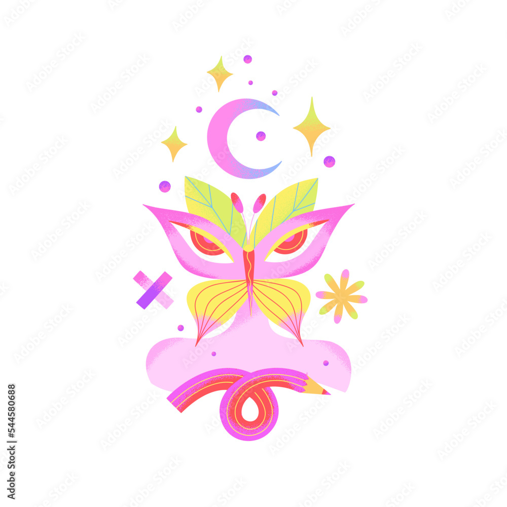 Obraz premium Psychedelic composition of human body, butterfly, stars, pencil isolated on background. Contemporary Art. Magical and summer mood. Yellow and pink colors. Vector illustration