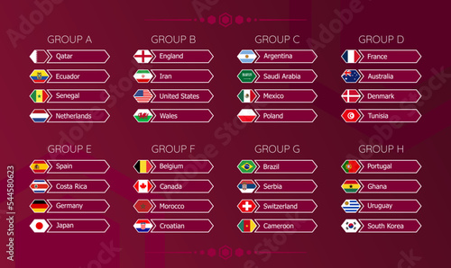 World Football Championship 2022. Table of national teams by groups. Vector illustration