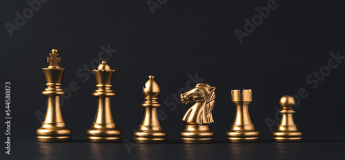 Obraz na plátně Golden chess include king queen horse ship and pawn on dark background