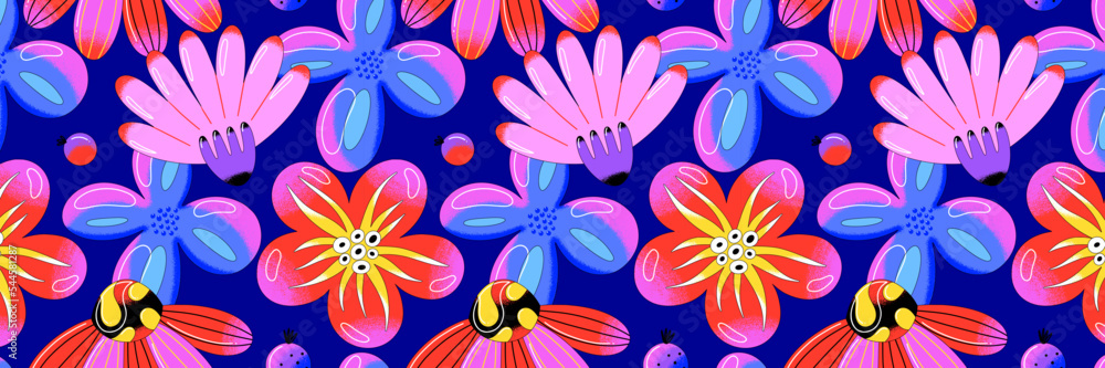 Horizontal rectangle banner with floral pattern. Contemporary bright vector flowers with black outline. Baloon style. Modern art. Vector illustration Horizontal rectangle banner with floral pattern. Contemporary bright vector flowers with black outline. Baloon style. Modern art. Vector illustration