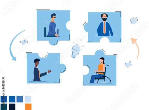 Travail d'équipe avec des salariés handicapés. Diversité dans l'entreprise.