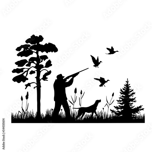 Hunter with dog aiming with his rifle on ducks. Outdoor hunting scene. Vector silhouette of hunting isolated on white.