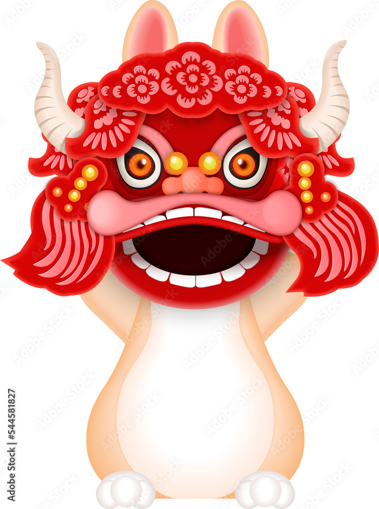 Happy Chinese new year cute cartoon rabbit with dragon lion dance costume Happy Chinese new year cute cartoon rabbit with dragon lion dance costume