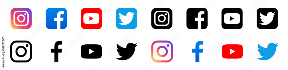 Set of facebook twitter instagram and youtube icons. Collection of