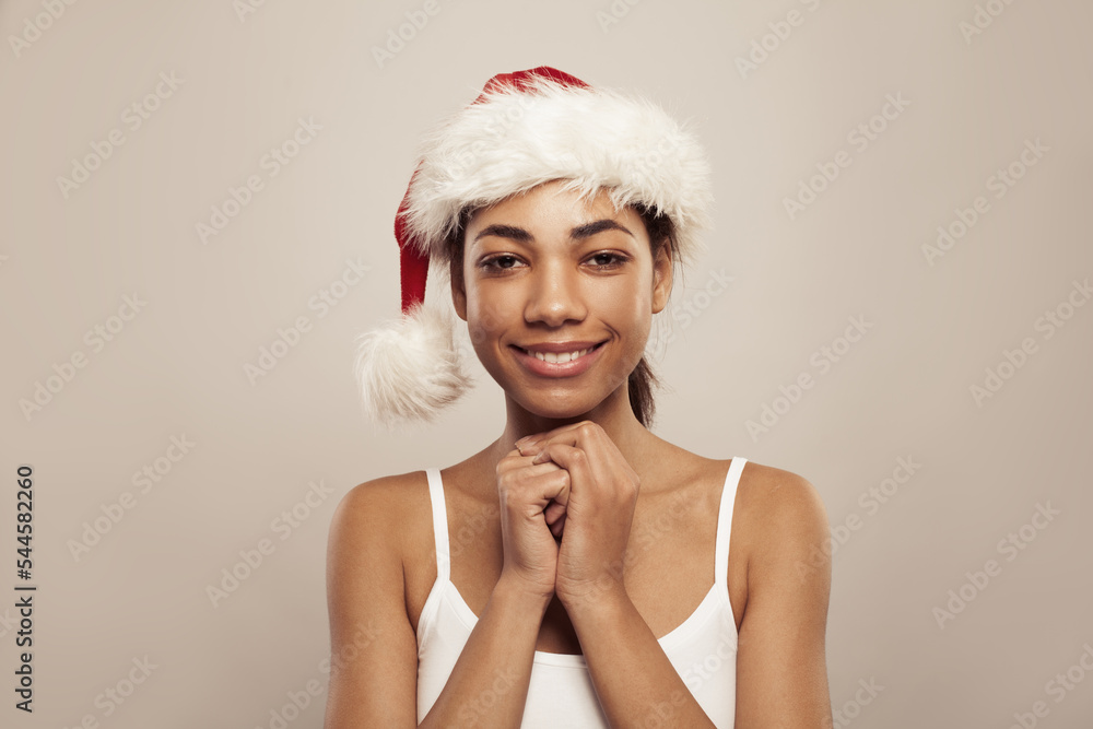 Happy woman Santa smiling, Christmas portrait Happy woman Santa smiling, Christmas portrait