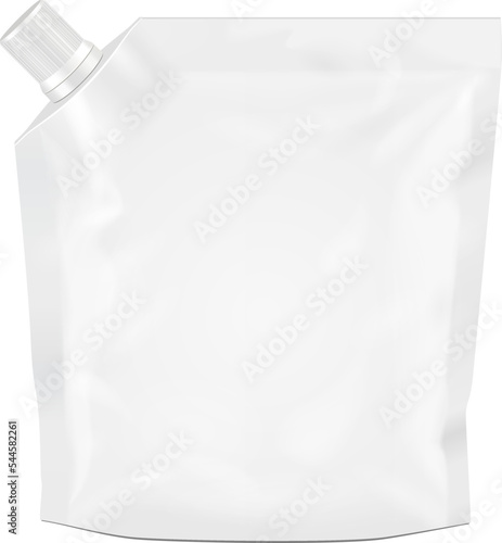 Mockup White Blank Doy Pack, Doypack Foil Food Or Drink Bag Packaging With Corner Spout Lid. Illustration Isolated On White Background. Mock Up Template Ready For Your Design. Product Packing