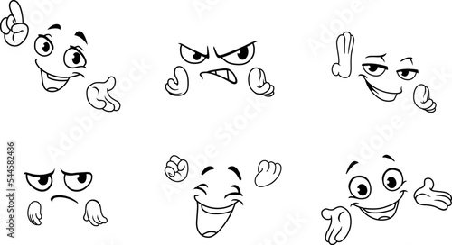 Cartoon facial expressions and hand gestures line art set