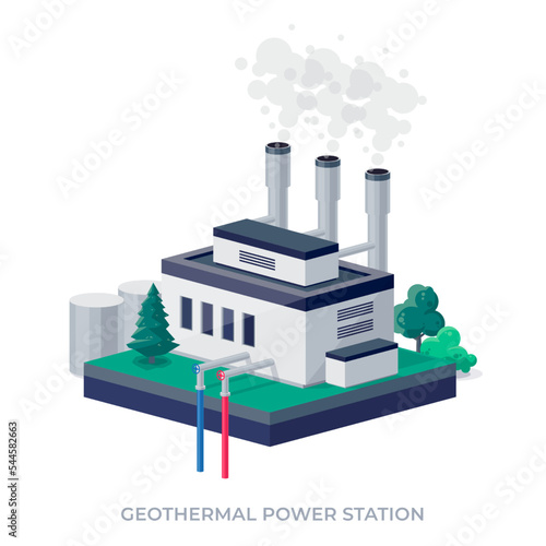 Geothermal clean power plant station building factory. Renewable sustainable earth heat steam turbine energy generation with drill and city skyline. Isolated vector illustration on white background.
