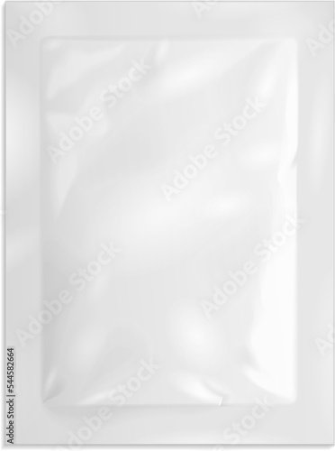 Mockup White Blank Retort Foil Pouch Packaging Medicine Drugs Or Coffee, Salt, Sugar, Sachet, Sweets Or Condom. Illustration Isolated On White Background. Mock Up Template Ready For Your Design.