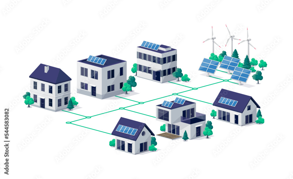 Residential city town buildings connected to renewable solar wind power generation stations. Photovoltaic panels on house roof. Green smart cloud management sustainable electricity grid system. 
