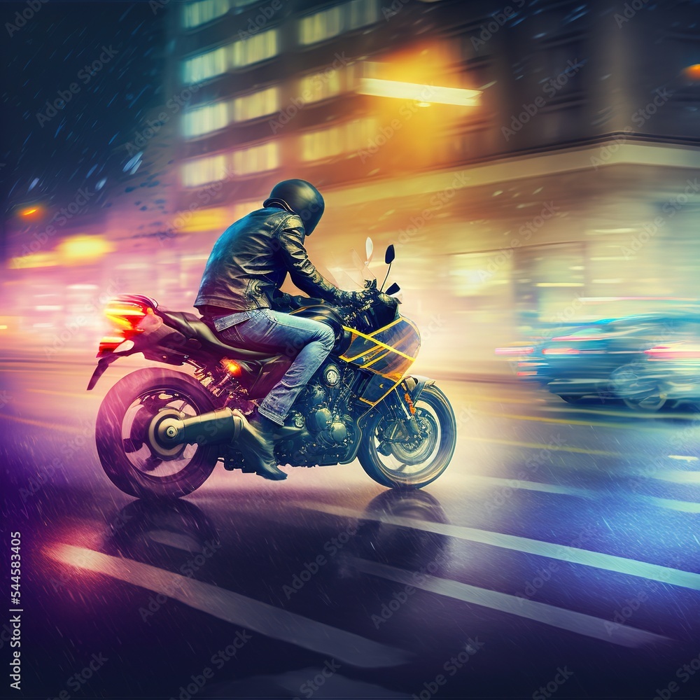 Photorealistic illustration of biker riding on high speed at city street in the night under the rain