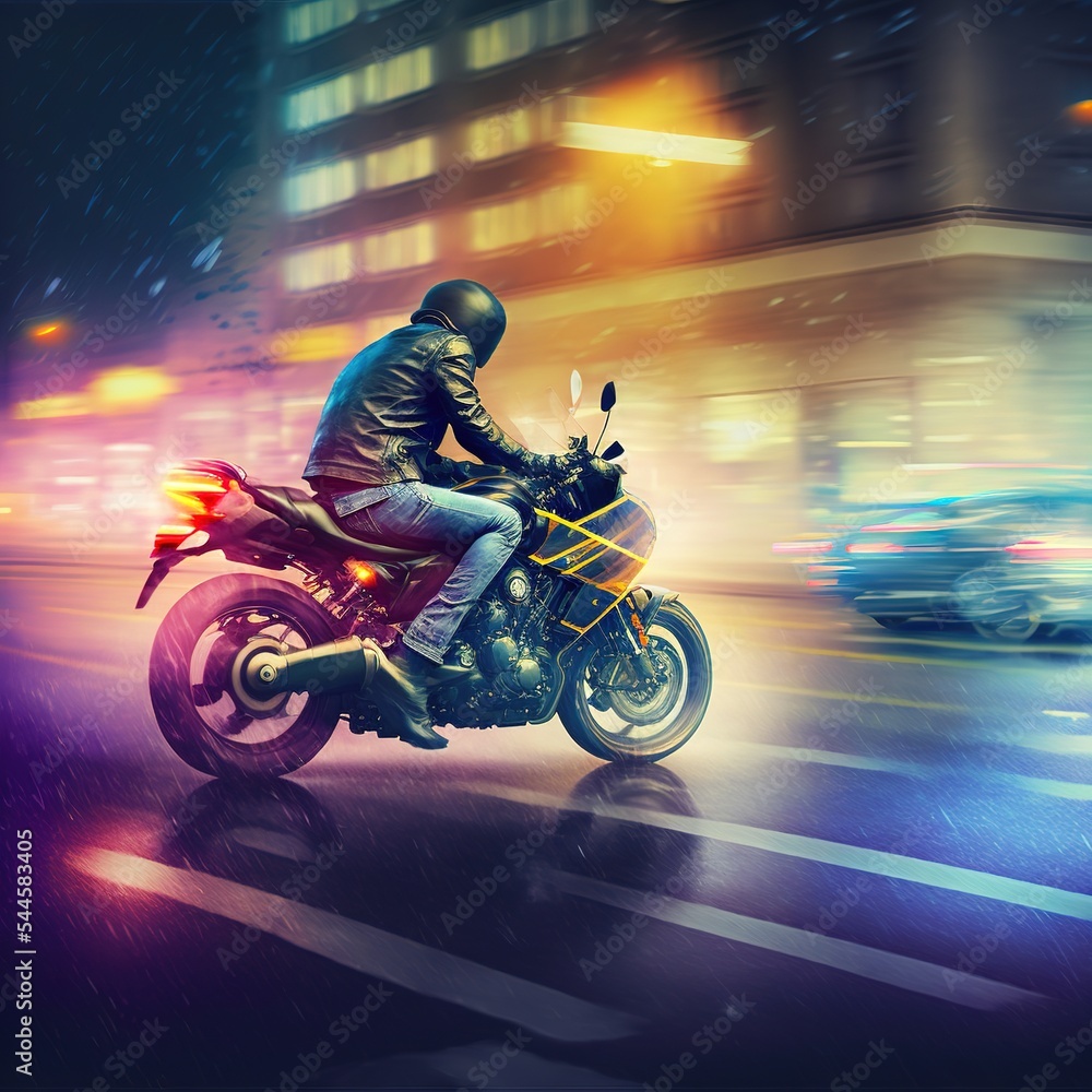 Photorealistic illustration of biker riding on high speed at city street in the night under the rain Photorealistic illustration of biker riding on high speed at city street in the night under the rain