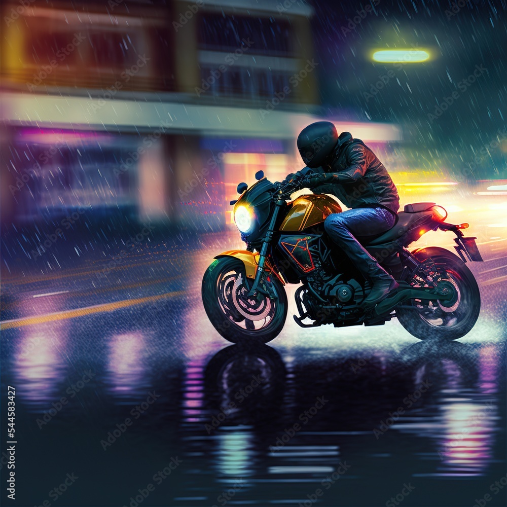 Photorealistic illustration of biker riding on high speed at city street in the night under the rain