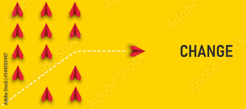 The red plane deflecting towards change. The red plane is flying in a different direction from the others. Thinking different, Business leader, personality development,thinking different idea concept.