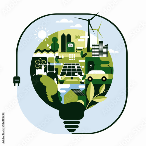 Geometric illustration of earth filled with non polluting eco friendly energy sources