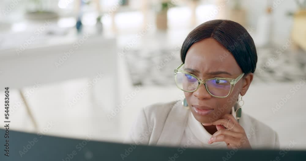 Doubt, confused and business woman on computer with email feedback, software management or online networking negotiation in office. Frustrated, thinking and mistake or error of black woman on desktop Doubt, confused and business woman on computer with email feedback, software management or online networking negotiation in office. Frustrated, thinking and mistake or error of black woman on desktop