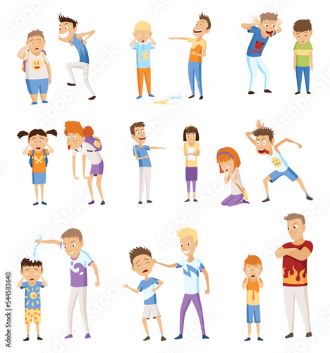 Kids bullying set. Childish bullies or verbal and physical conflict between children. Bad childs behavior, scared and strong angry children conflict, cartoon characters confrontatio