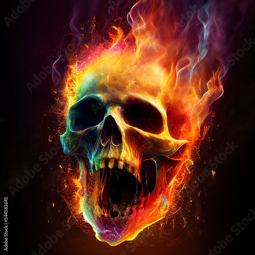 Screaming skull with bright blazing fire flames