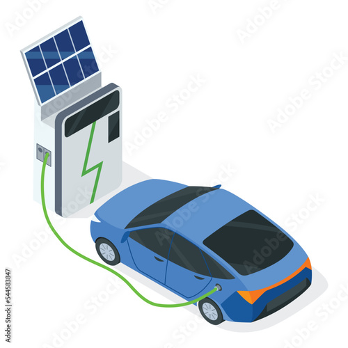 Isometric electric eco transport. Electromobile, vehicle charging station with solar panels, flat vector illustration. Powered by electricity