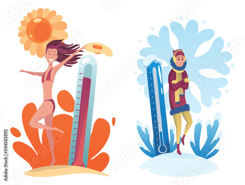 Hot cold weather. Meteorology thermometers illustration. Cartoon characters in summer and winter season