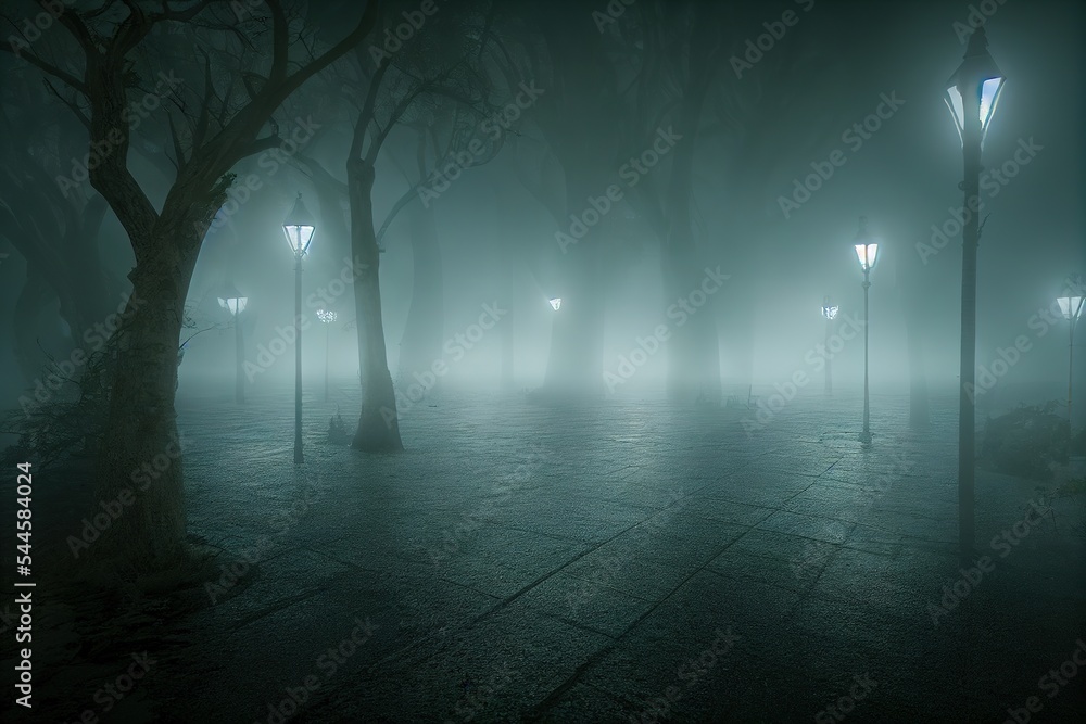 Dark empty street in the fog, Ai generated illustration