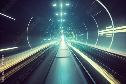 Abstract futuristic tunnel, blurred in motion. Ai generated illustration