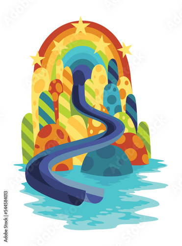 Waterpark water slide with colored plastic screw slide. Aquapark and swimming pool equipment, recreation or amusement park, fun graphic design elements. Summer attraction