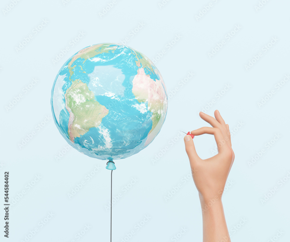 3D rendering of crop person pricking globe balloon with pin 3D rendering of crop person pricking globe balloon with pin