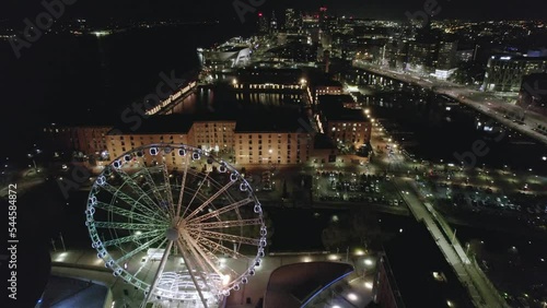 Wheel of Liverpool (waterfront Ferris Wheel) at night, Royal Albert Dock; aerial photo