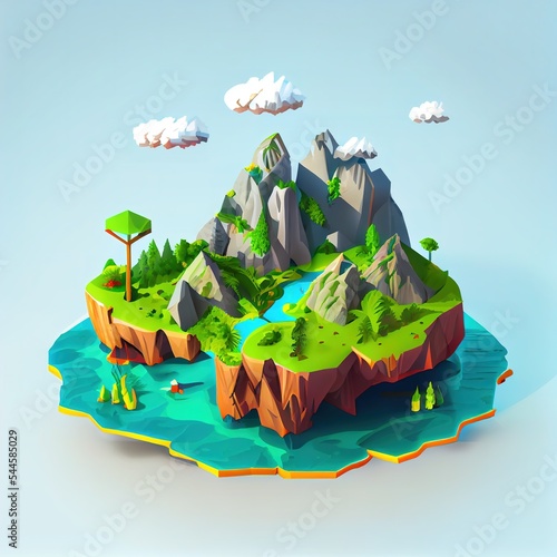 Beautiful low polygonal cartoon diorama of beautiful mountains landscape. Isometric illustration generated by Ai photo