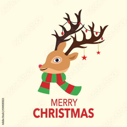 Fototapeta Naklejka Na Ścianę i Meble -  Reindeer head with horn decoration in flat design. Merry Christmas festival celebration concept vector. Season greetings.