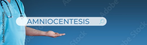 Amniocentesis. Doctor stretches out hand. Browser search with text hovers over it. Medicine online on the internet