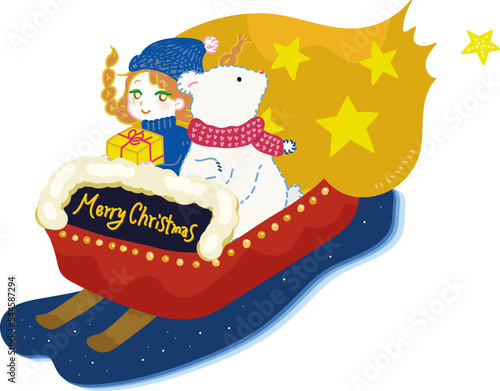 クリスマスのプレゼントを届ける女の子と白くまのサンタクロースのデフォルメイラスト