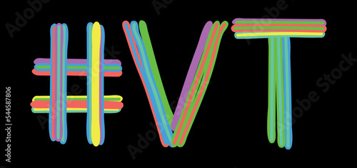 VT Hashtag. Multicolored bright isolate curves doodle letters like from marker, oil paint. #VT is abbreviation for the USA state Vermont for social network, web resources, mobile apps.