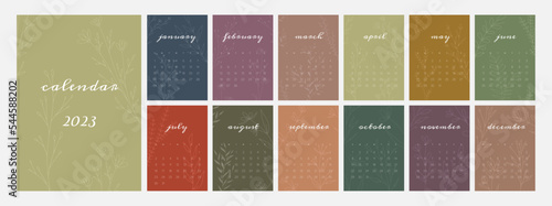 Botanical calendar template for 2023. Vertical design with abstract natural floral branch. Editable illustration page template A4, A3, set of 12 months with cover. Vector mesh. Week starts on Sunday.