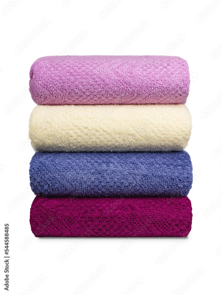 multi-colored Terry cotton bath towels, isolate on a white background multi-colored Terry cotton bath towels, isolate on a white background