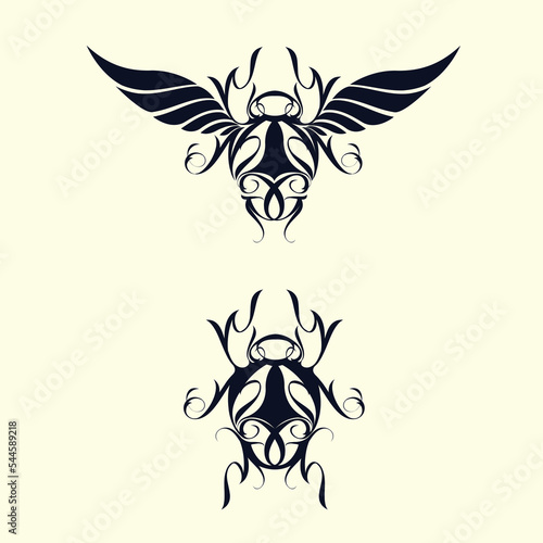Scarab beetle insect icon.Flying wings bug.Animal shape isolated on light background.Flat color.Vector illustration.Abstract decorative style.Ornamental elements.
