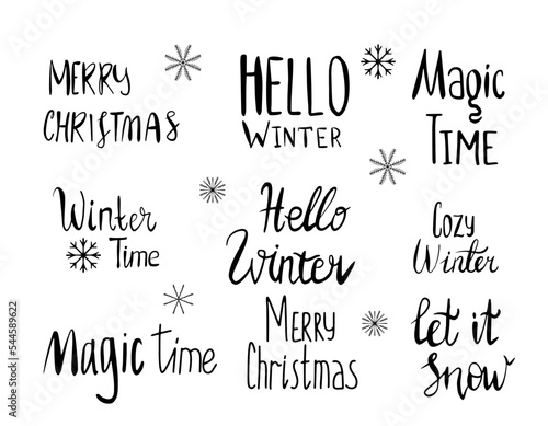 Winter time holidays Merry Christmas celebration lettering. Vector snow sketch quotes and warm wishes of Hello Winter, cozy for greeting card design