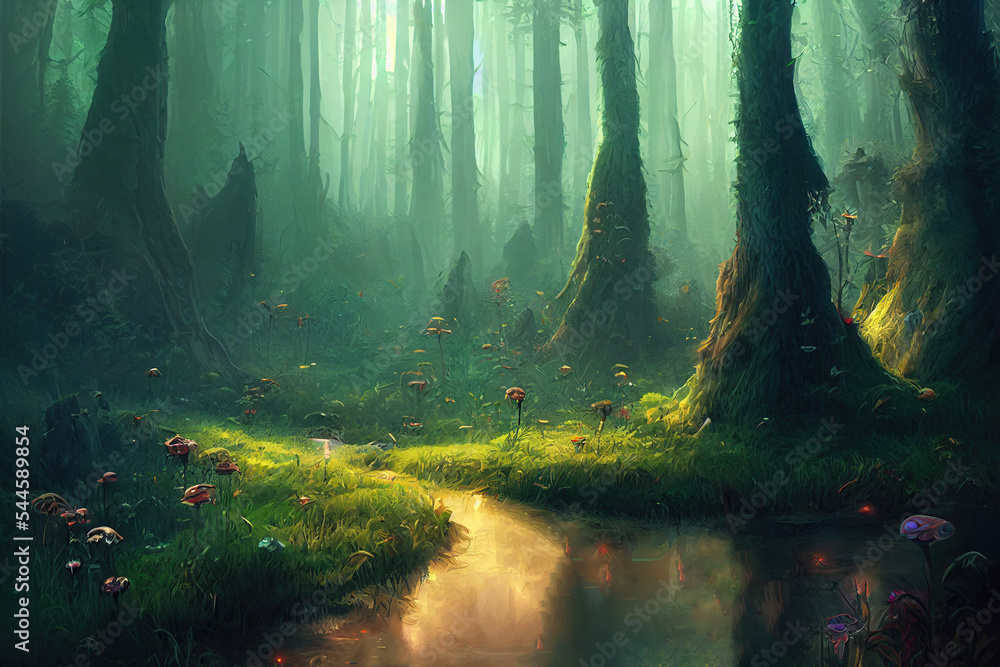magic forest, trees, rich colors, light, art illustration