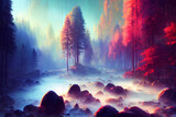 magic forest, trees, rich colors, river, light, art illustration