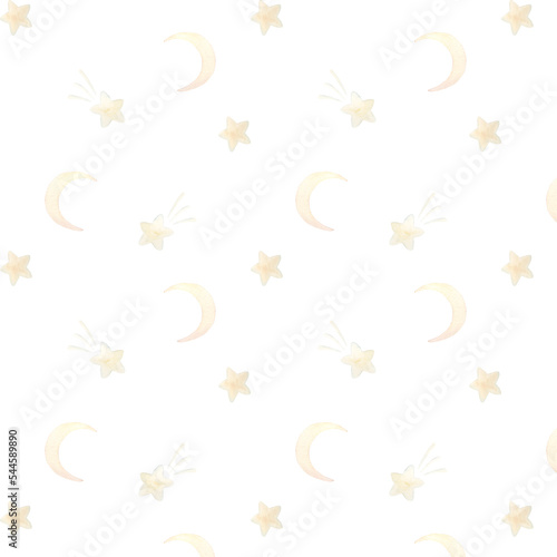 Watercolor minimalistic pattern with stars and moons on white background