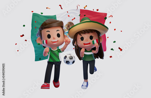 3d rendering illustration of Mexico soccer, football fans characters celebrating on white background